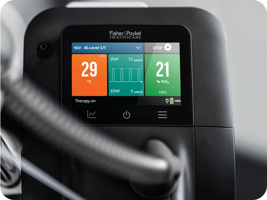 The Airvo 3 touch screen with large colourful tiles showing temperature, flow and FiO2.