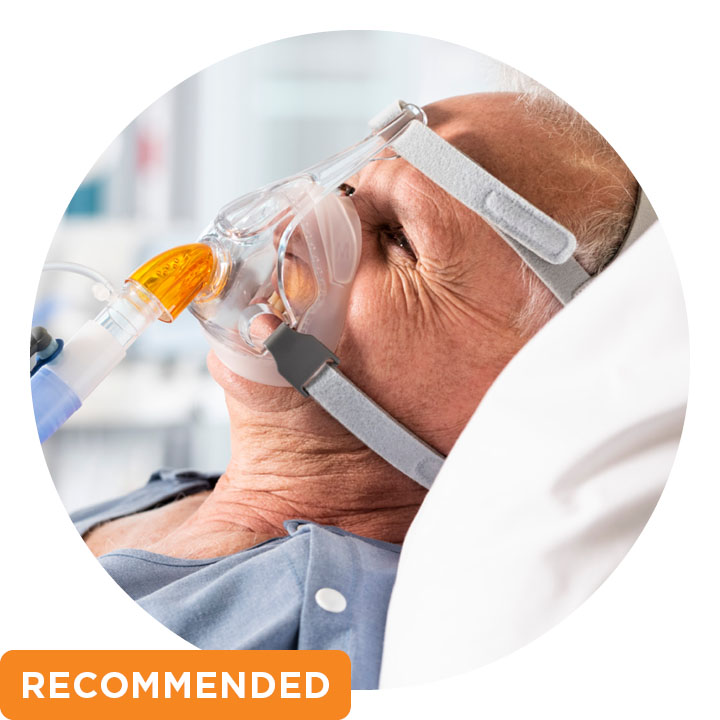 A male patient wearing a vented Nivairo™ mask in hospital plus an orange “recommended” text box