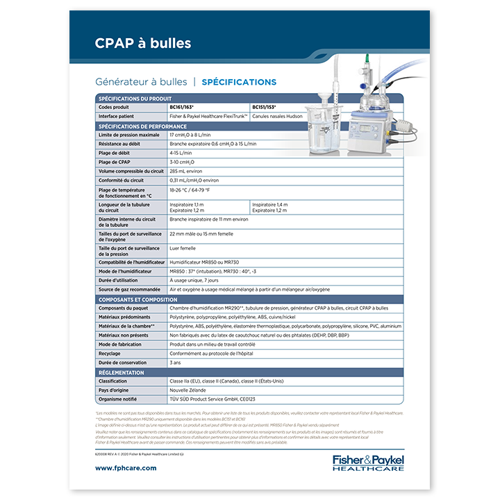 Vignette de la fiche technique du système Bubble&nbsp;CPAP
