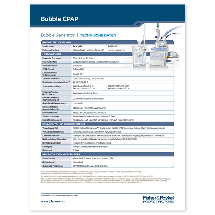 Miniaturansicht „Bubble CPAP-System&nbsp;– Spezifikationsblatt“