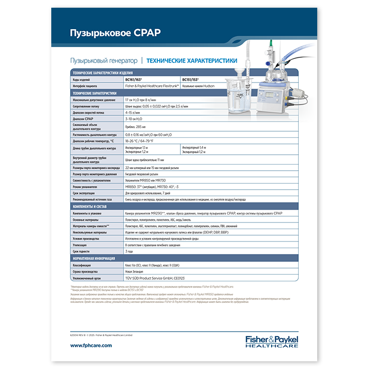 Система пузырькового CPAP: перечень технических характеристик, пиктограмма