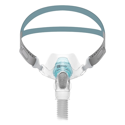 Product image of the F&P Brevida nasal pillows mask with headgear