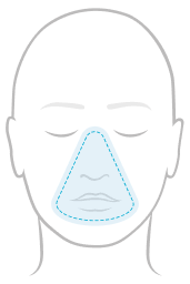 Line illustration of a face highlighting full-face over-the-nose mask coverage across the mouth and nose