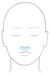 Line illustration of a face highlighting nasal under-the-nose mask coverage below the nose