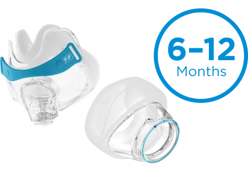 Two clear CPAP cushions, with a blue strap on one of them. Above the cushions, the word 