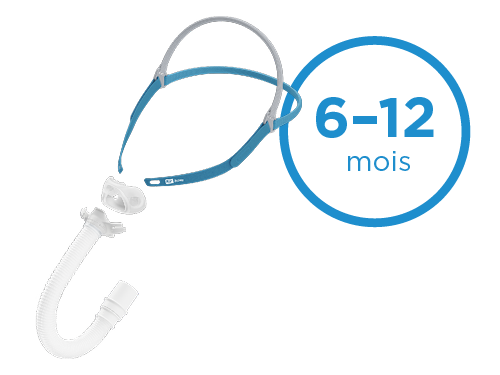 Masque PPC intégral avec harnais et tubulure. Le texte «&nbsp;Masque intégral&nbsp;» est inscrit en haut de l’image. Il y a également un cercle bleu sur le côté droit contenant le texte «&nbsp;6-12&nbsp;mois&nbsp;».