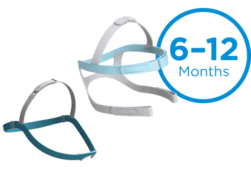 Two pieces of CPAP headgear, one in light blue and the other in dark blue. Above the headgear, there is text that reads 