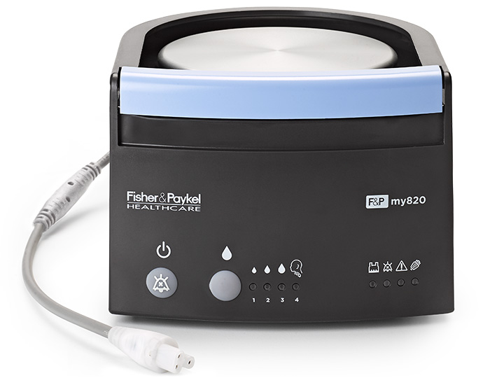 Dark grey Fisher & Paykel Healthcare F&P my820 respiratory humidifier with a light blue finger guard