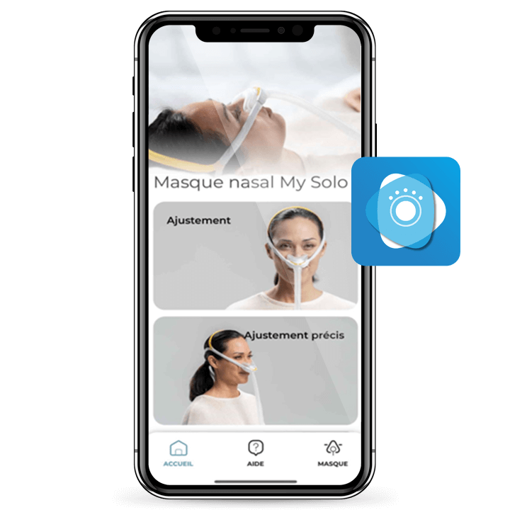 Téléphone intelligent affichant l’interface de l’application myMask avec trois sections. La section supérieure montre une personne portant un masque F&P Solo avec le texte «&nbsp;My Solo Nasal Mask&nbsp;» (Masque nasal My&nbsp;Solo) En dessous, il y a deux sections&nbsp;: l’une porte la mention «&nbsp;Fitting&nbsp;» (Mise en place) et montre une personne assise, et l’autre porte la mention «&nbsp;Fine-tuning&nbsp;» (Ajustement précis) et montre une personne en mouvement.