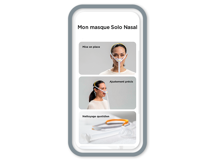 Un écran de téléphone montrant le masque F&P&nbsp;Solo dans la section d’assistance