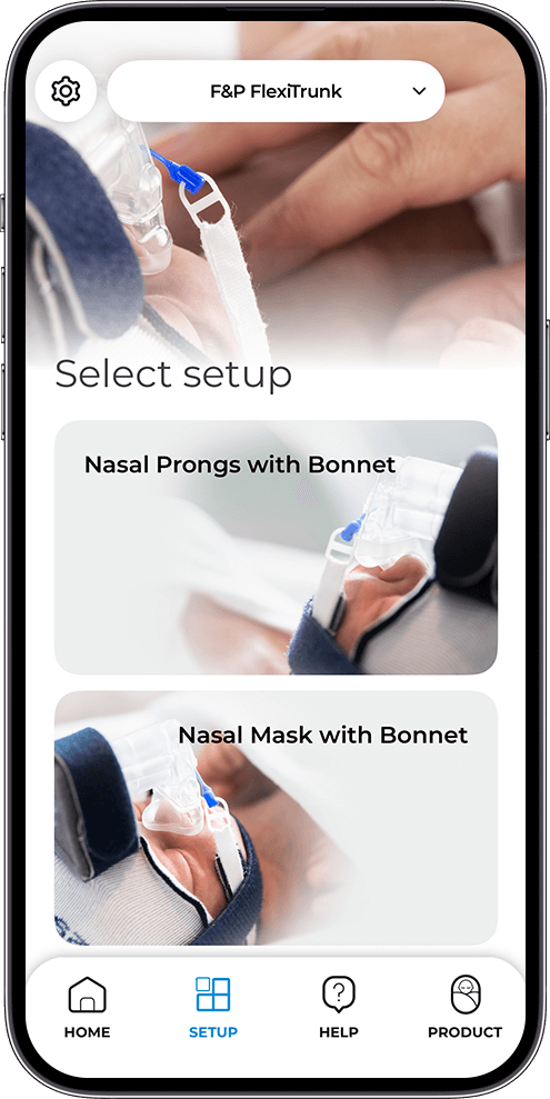 Smartphone mockup displaying the FlexiTrunk sizing and fitting homepage within the app.
