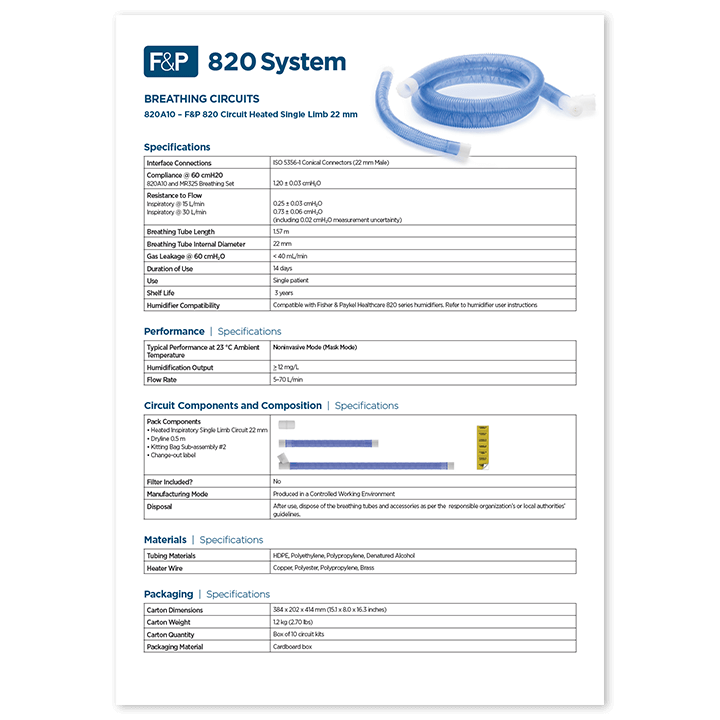 F&P 820A10 Breathing Tube specification sheet