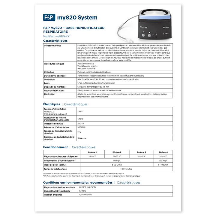 Fiche technique de la base de l’humidificateur F&P&nbsp;my820JCA