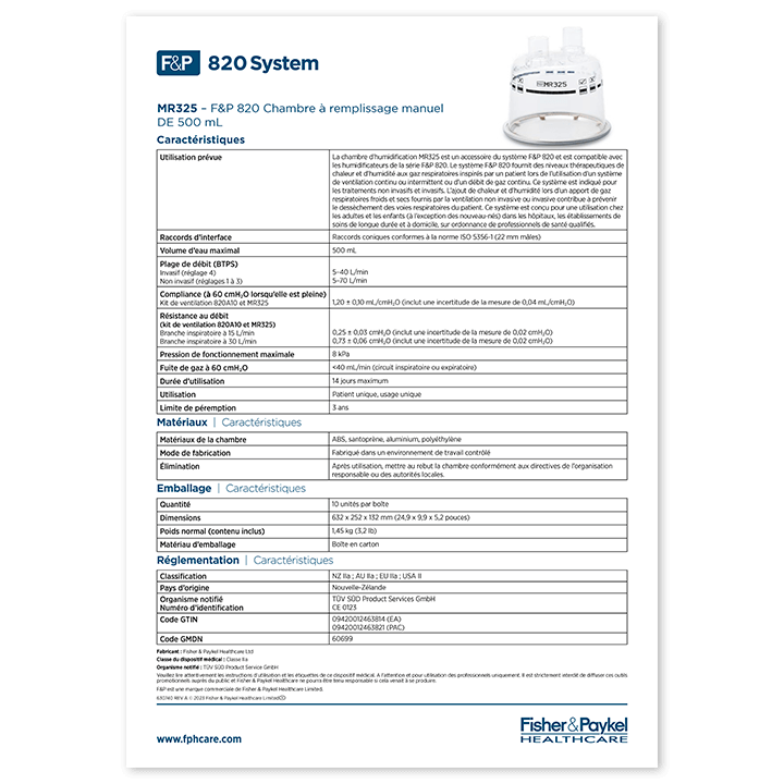 Fiche technique de la chambre d’humidification&nbsp;MR325