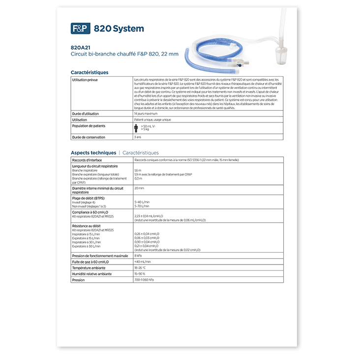 Fiche technique des circuits respiratoires&nbsp;F&P&nbsp;820A21