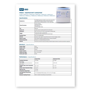 MR850GXX heated humidifier specification sheet  