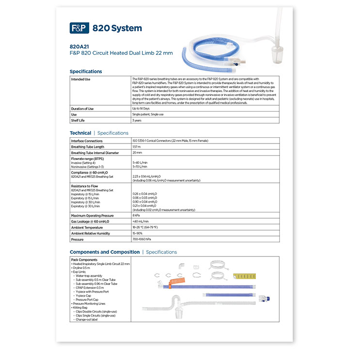 F&P 820A21 Breathing Tube specification sheet