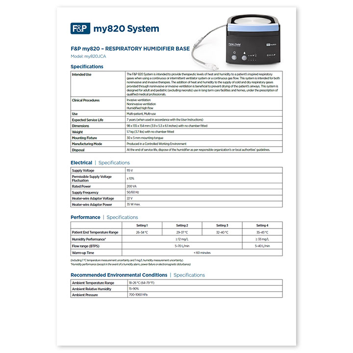 F&P my820JCA Humidifier Base specification sheet