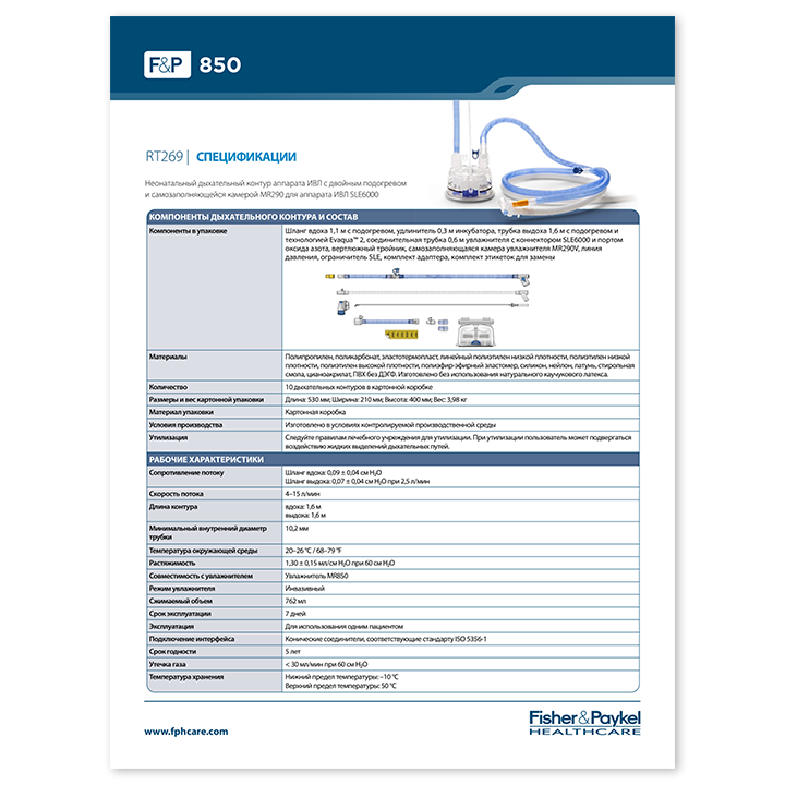 Дыхательный контур для младенцев Evaqua&nbsp;2 RT269: перечень технических характеристик, пиктограмма